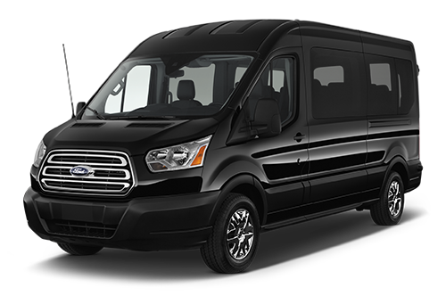Black, 14 Passenger Ford Transit Shuttle Bus with black leather interior and a designated luggage area in the rear.